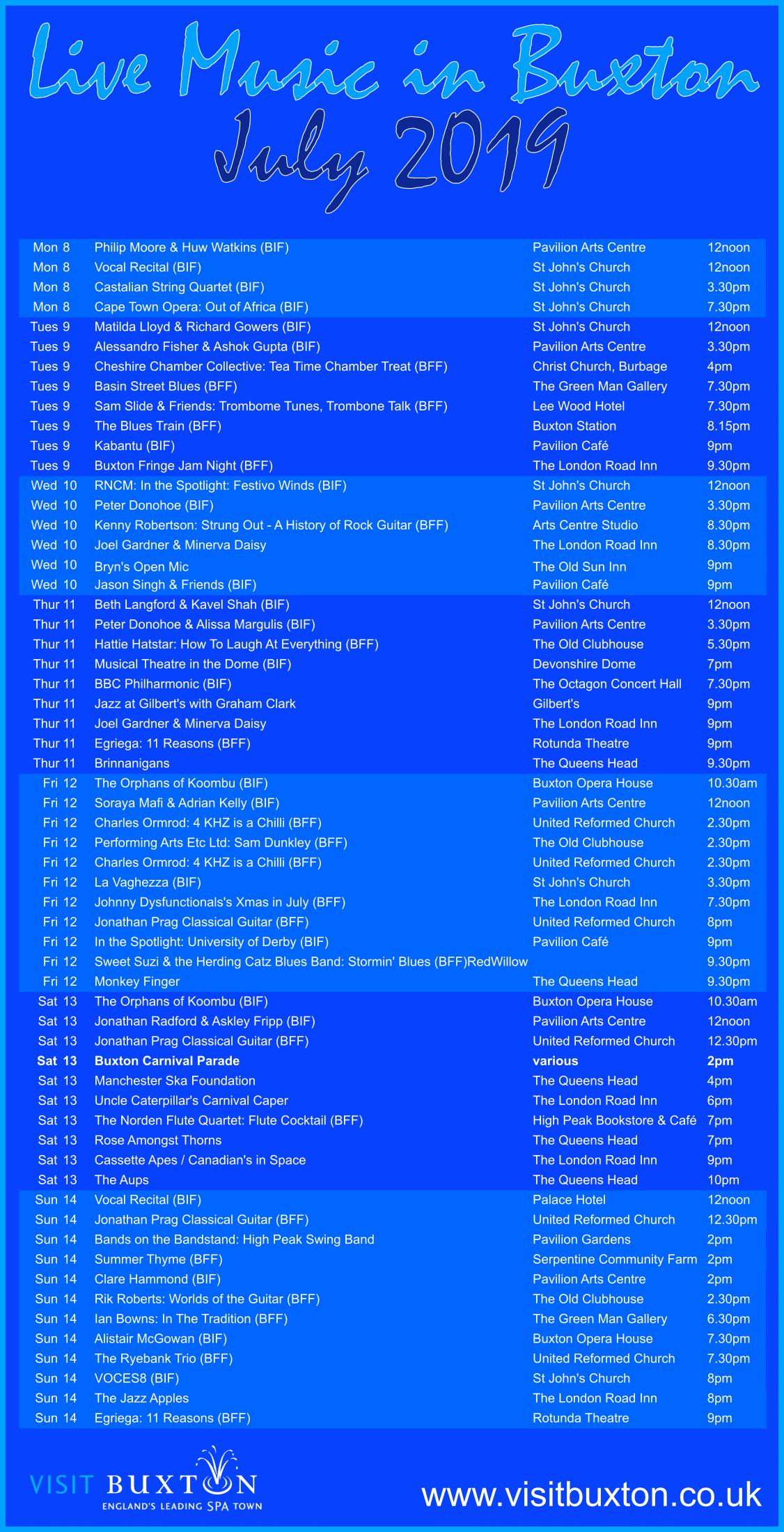 Live music gig listing for Buxton, Derbyshire for July 2019 (2/4)
