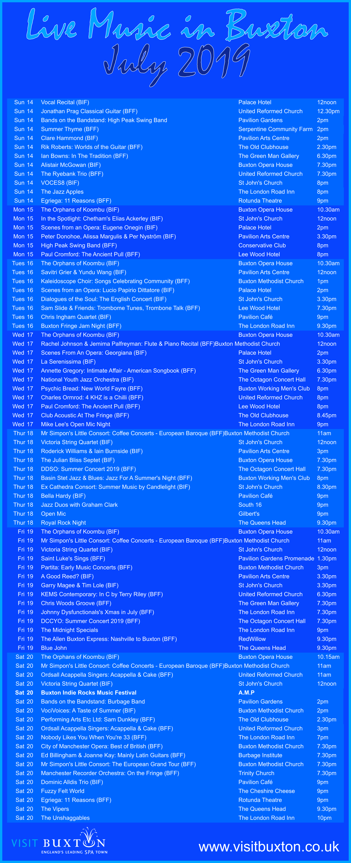 Live music gig listing for Buxton, Derbyshire for July 2019 (3/4)